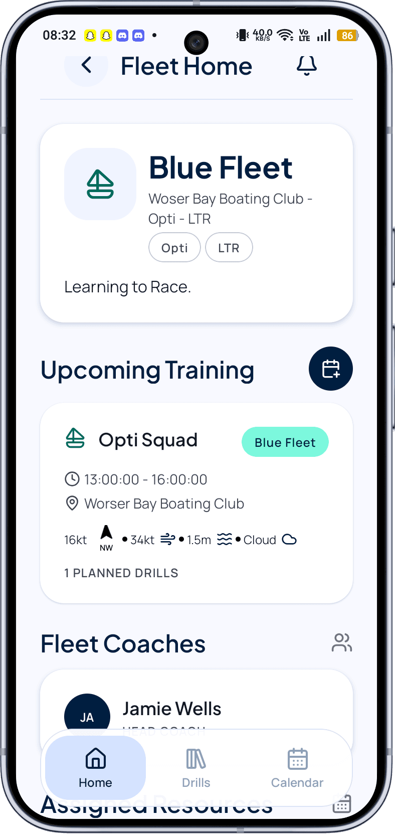 Sail Me fleet home showing upcoming training.