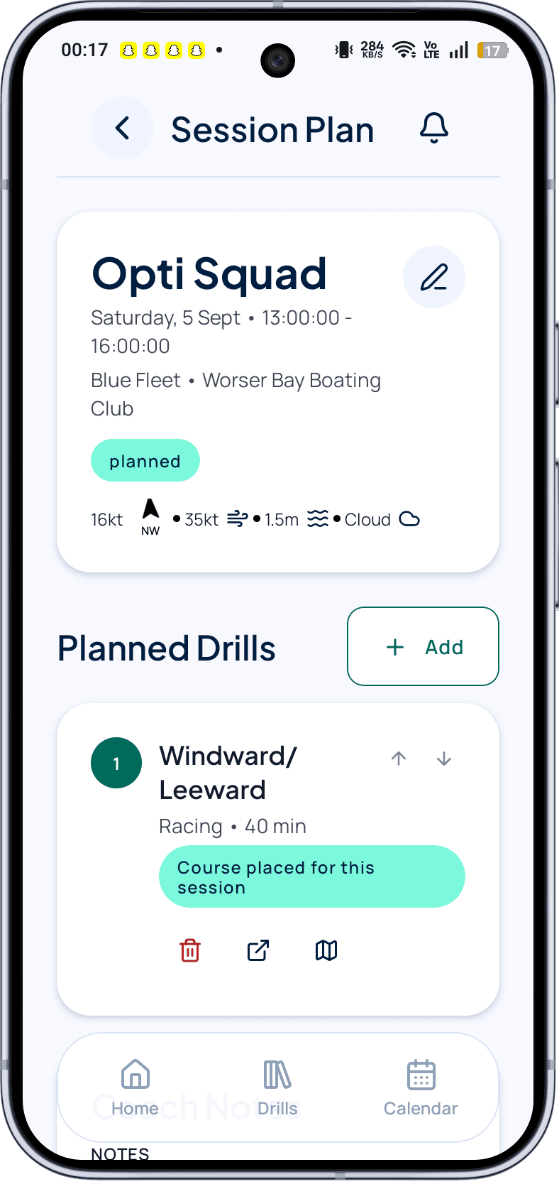 Sail Me session plan showing planned drills.